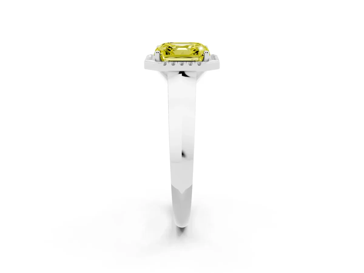 Fancy Yellow Asscher Cut Halo Diamond Ring with Cathedral Band and Four-Prong Setting Silver