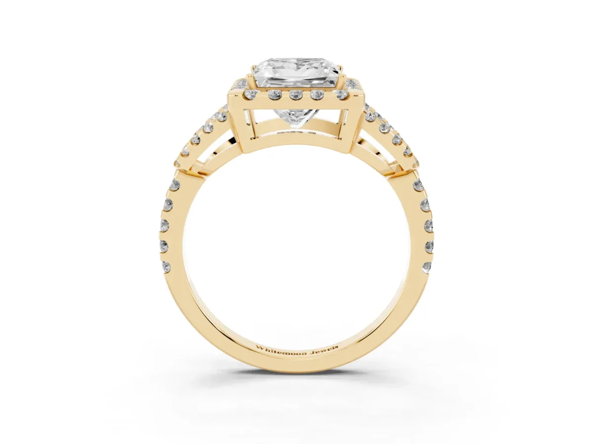 Princess Cut Cut Diamond Halo Engagement Ring with Open Split Pavé Band Yellow gold