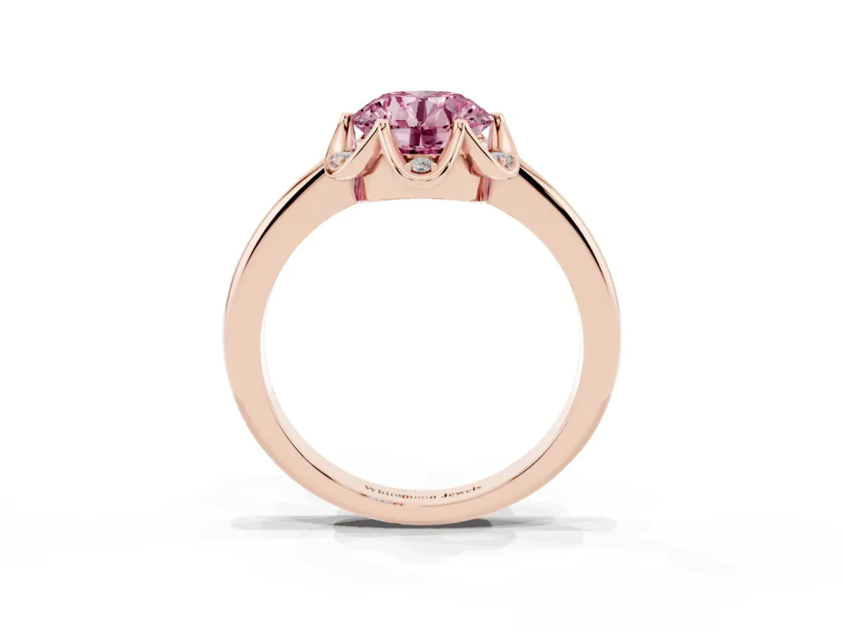 Fancy Pink Round Cut Halo Diamond Ring with Round Cluster Setting, Solitaire Band, and Four-Prong Setting Rose gold