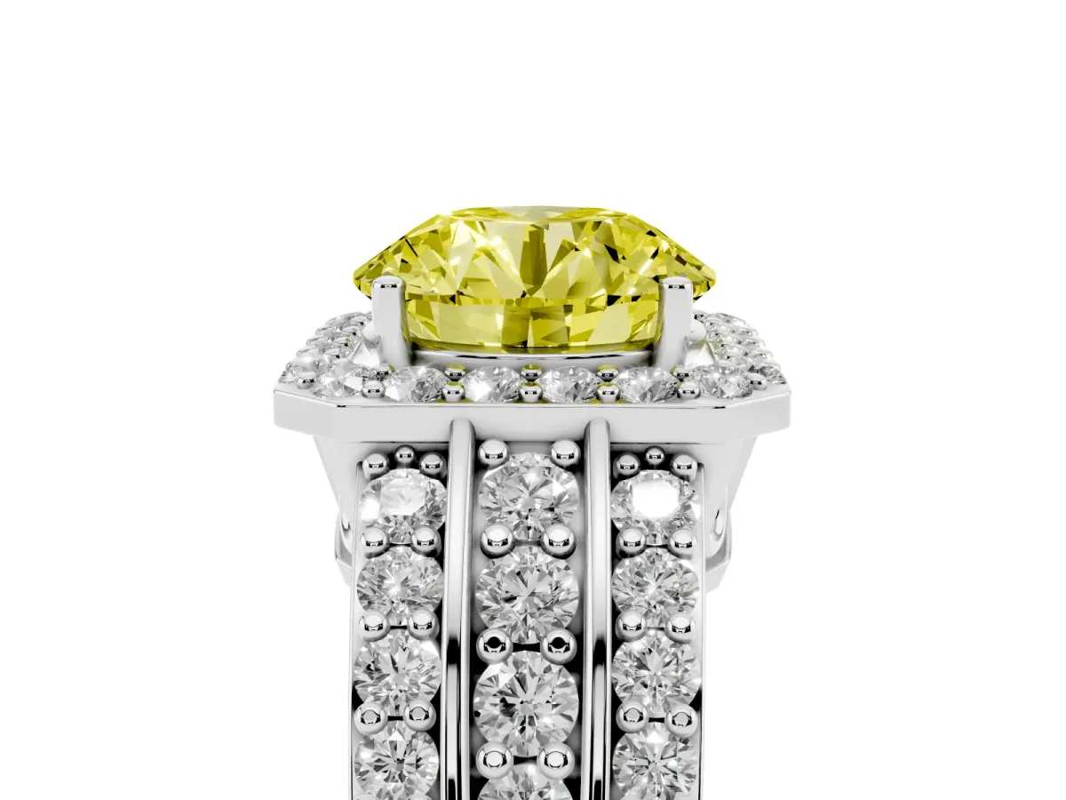 Fancy Yellow Round Cut Halo Diamond Ring with Round Split Shank and Prong Setting Platinum