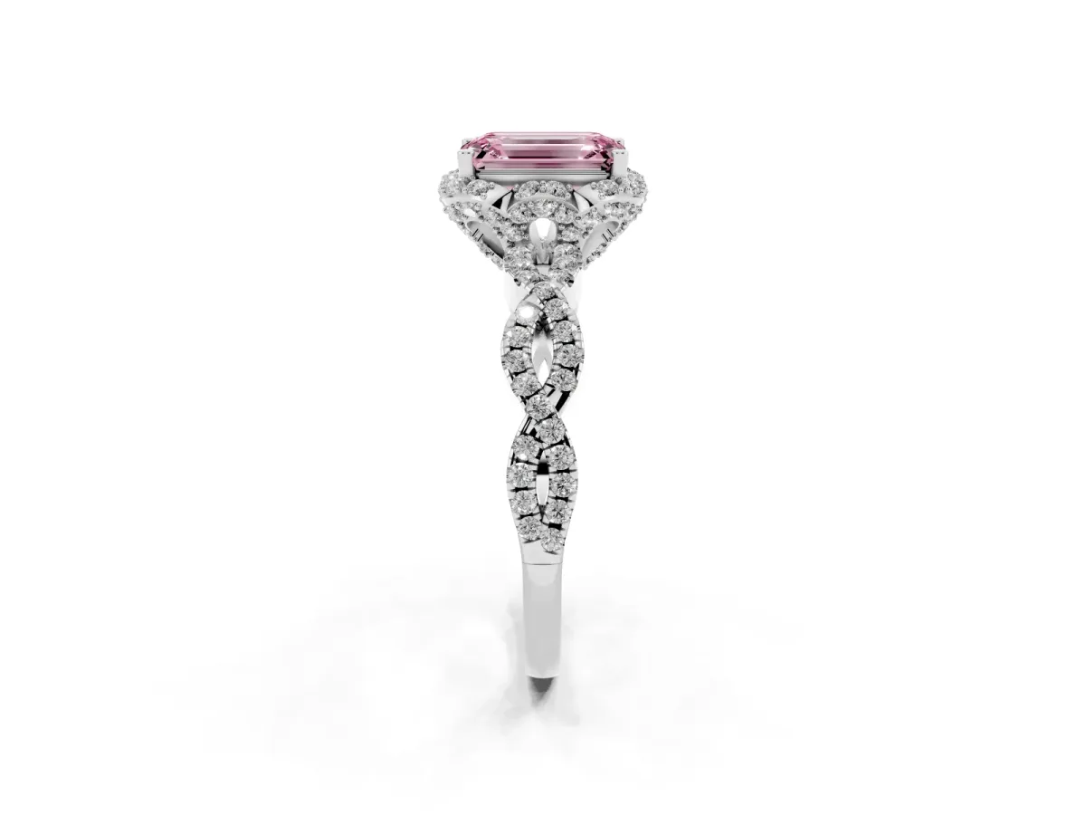 Fancy Pink Emerald Cut Halo Twist Band Solitaire Ring with Six-Prong Setting Silver