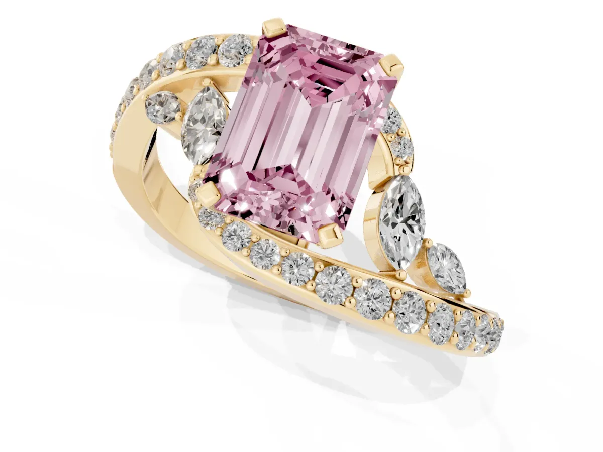 Fancy Pink Emerald Cut Solitaire with Pavé Twist Band and Four-Prong Setting Yellow gold