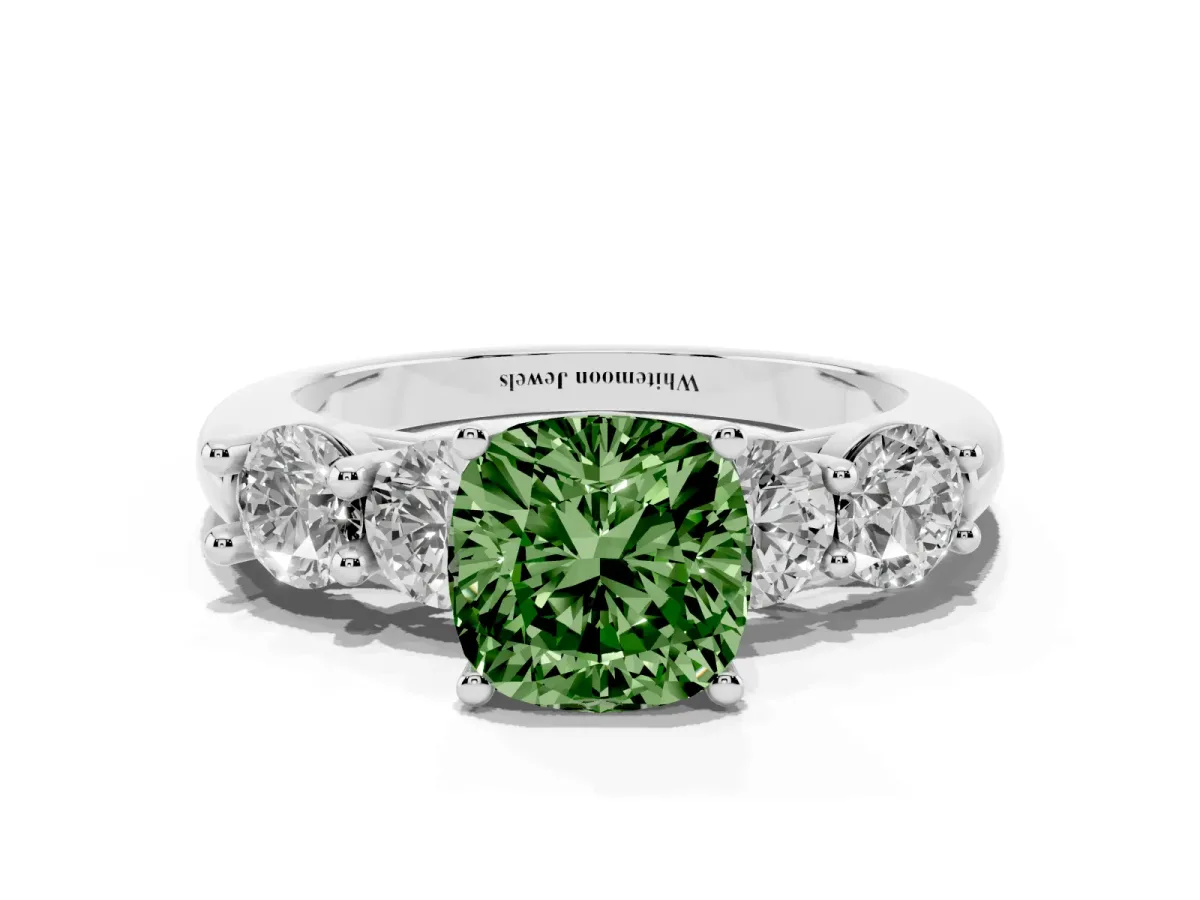 Fancy Green Cushion Cut Cut Five-Stone Prong Set Diamond Ring with Classic Band Silver