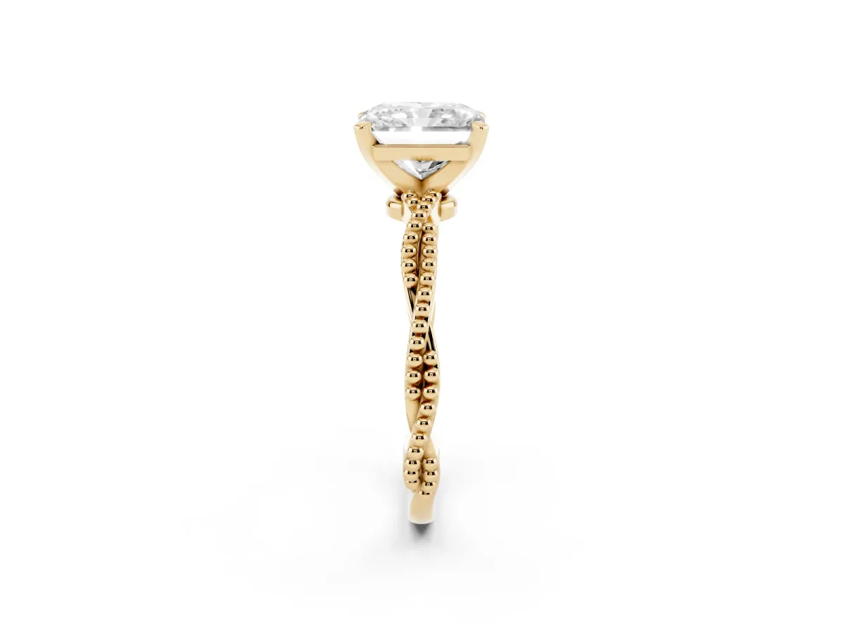 Radiant Cut Solitaire Twisted Band with Bead Prong Setting Yellow gold