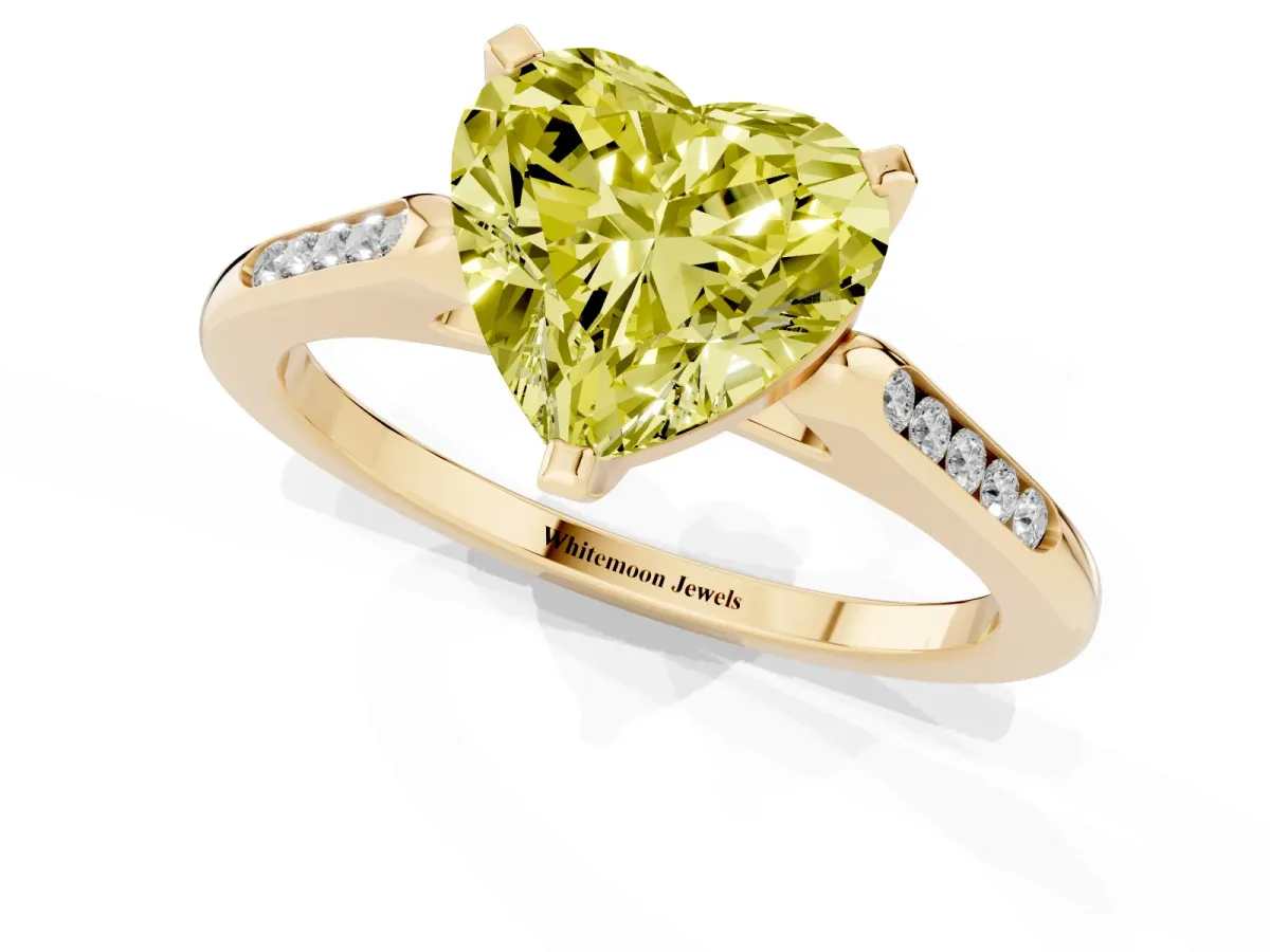 Fancy Yellow Heart Cut Diamond Solitaire Ring with Channel Set Round Band and Prong Setting Yellow gold