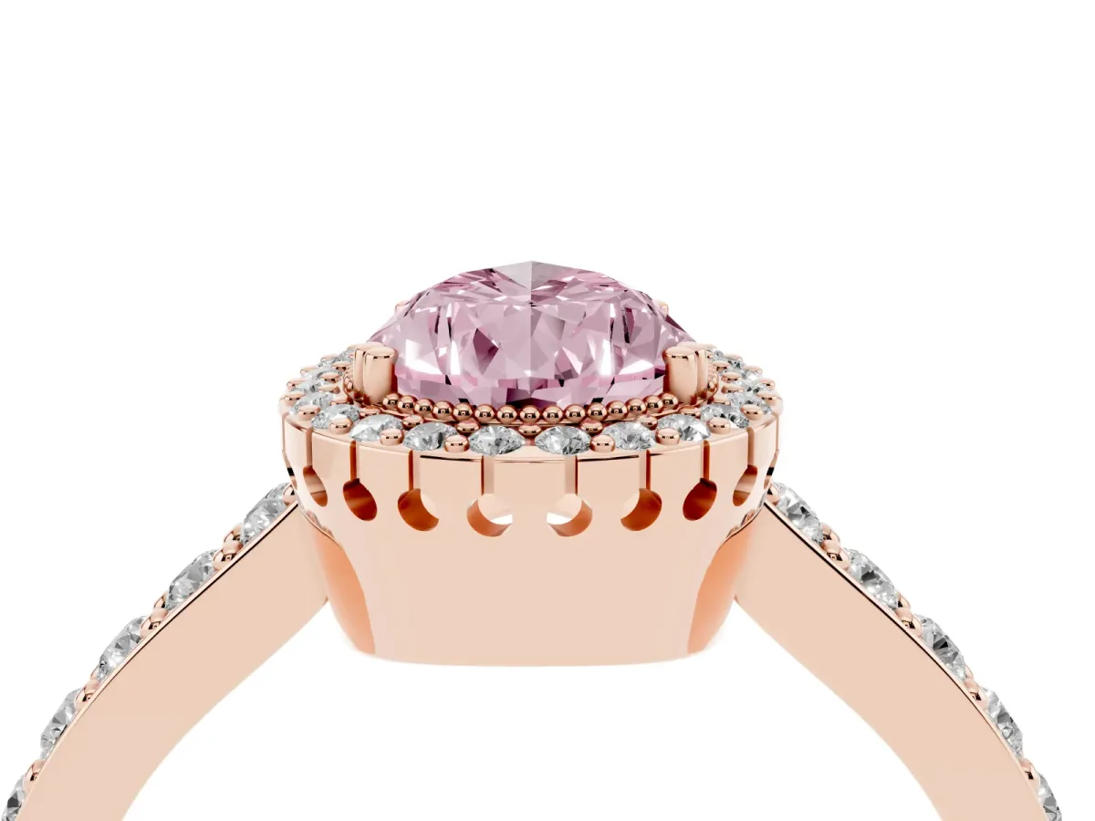 Fancy Pink Pear Cut Cut Diamond Halo Engagement Ring with Milgrain Detail and Pavé Band Rose gold