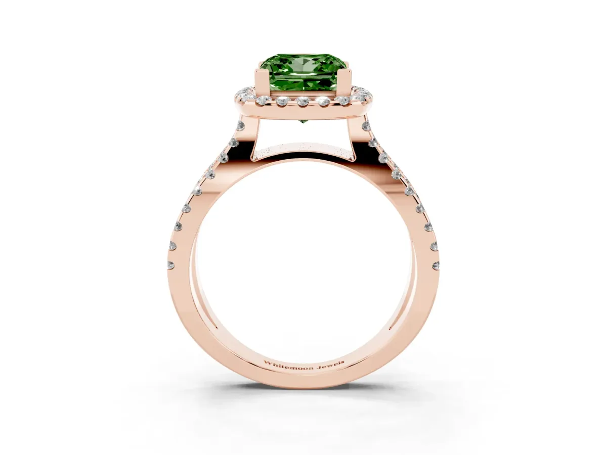 Fancy Green Princess Cut Diamond Halo Ring with Split Shank Pavé Band and Prong Setting Rose gold