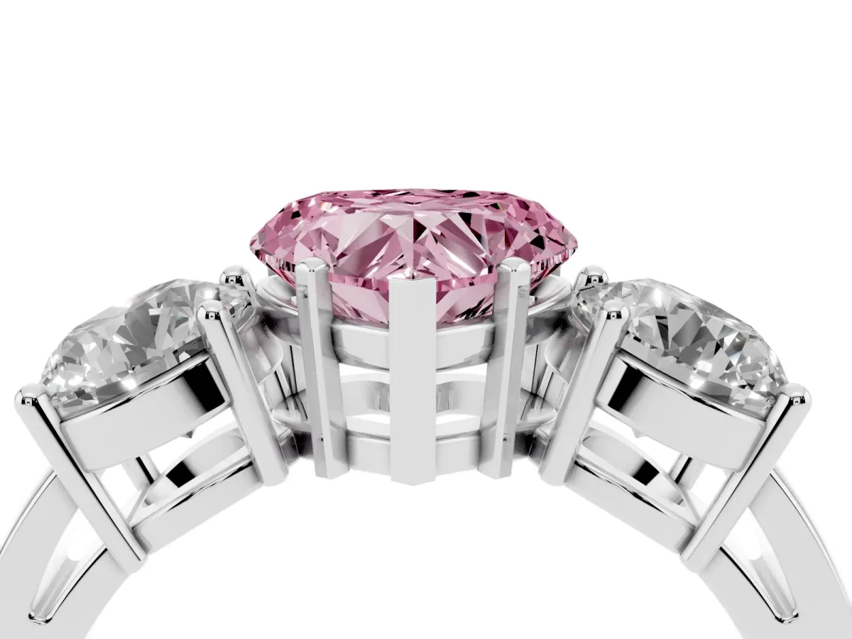 Fancy Pink Three-Stone Heart Cut Diamond Ring with Round Side Stones, Classic Band, and Four-Prong Setting Silver