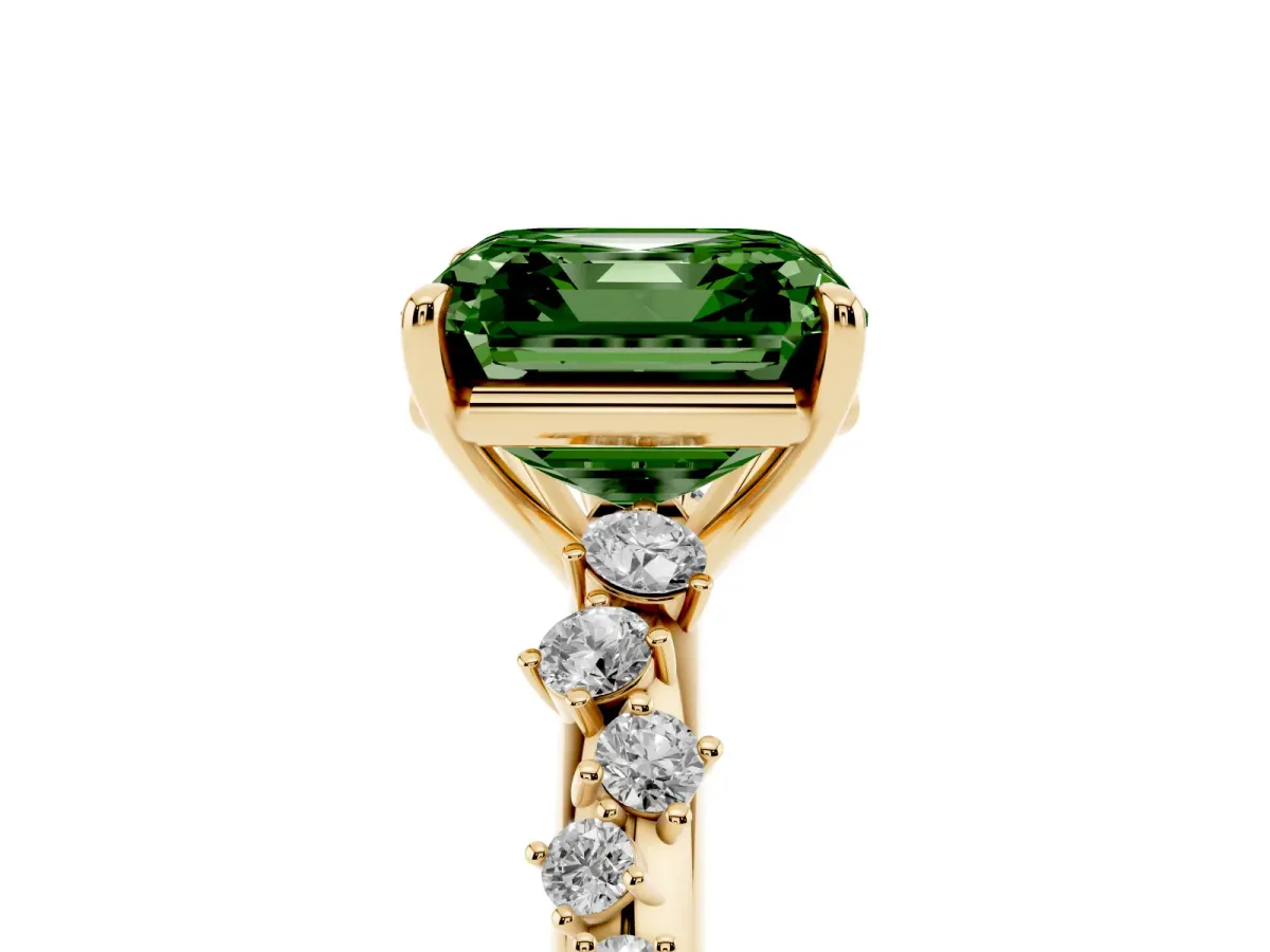 Fancy Green Asscher Cut Diamond Cluster Side Stone Solitaire Ring with Prong Setting Yellow gold