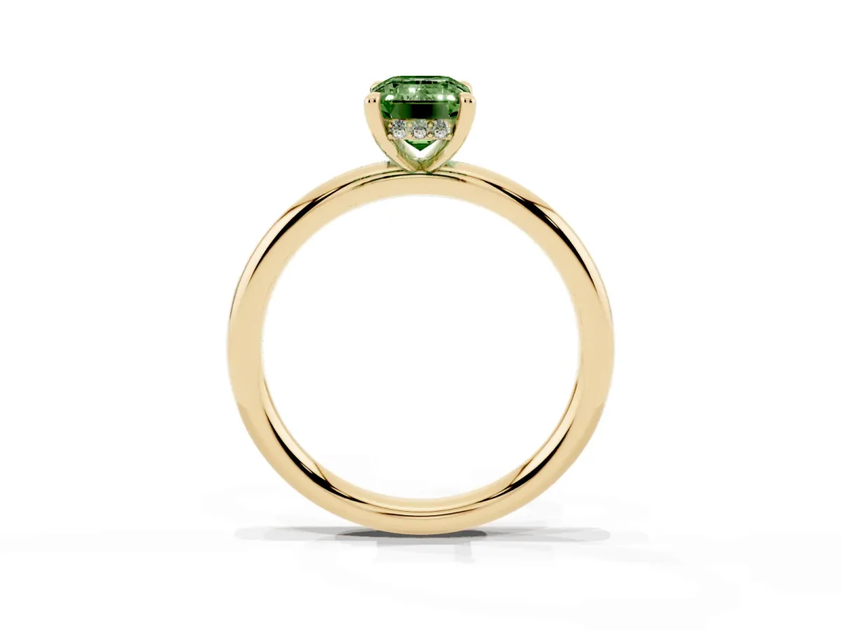 Fancy Green Emerald Cut Diamond Solitaire Ring with Thin Band and Four-Prong Setting Yellow gold