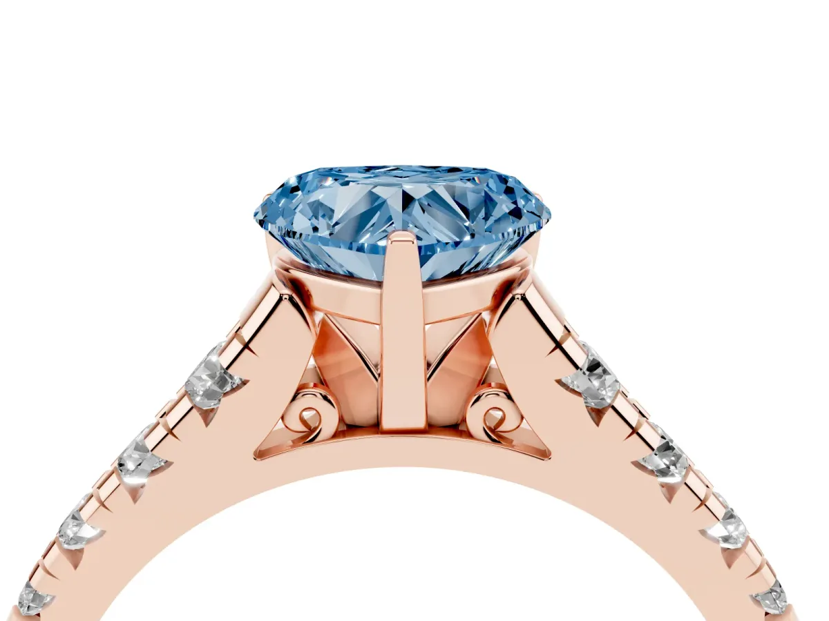 Fancy Blue Heart Cut Diamond Cathedral Solitaire Ring with Round Pavé Band Rose gold