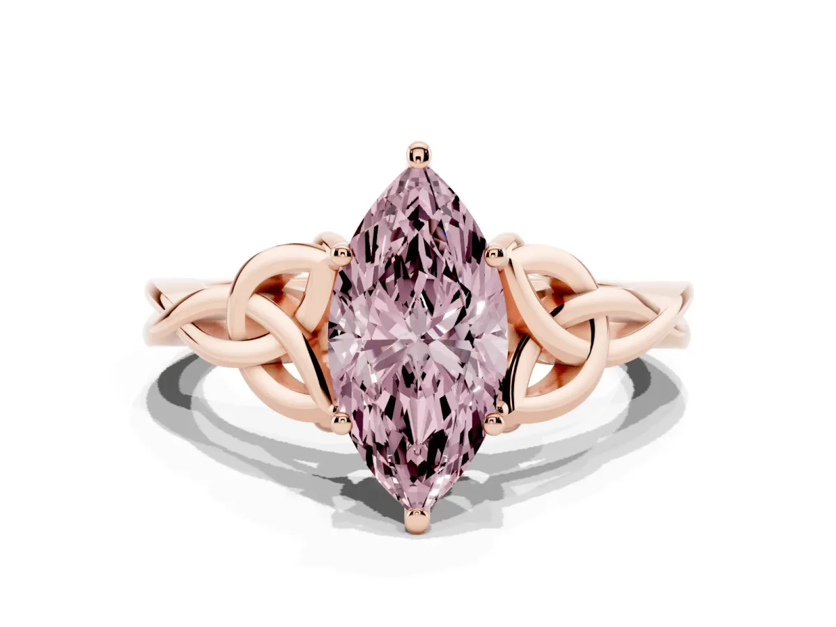 Fancy Pink Marquise Cut Diamond Solitaire Engagement Ring with Celtic Knot Band and Four-Prong Setting Rose gold