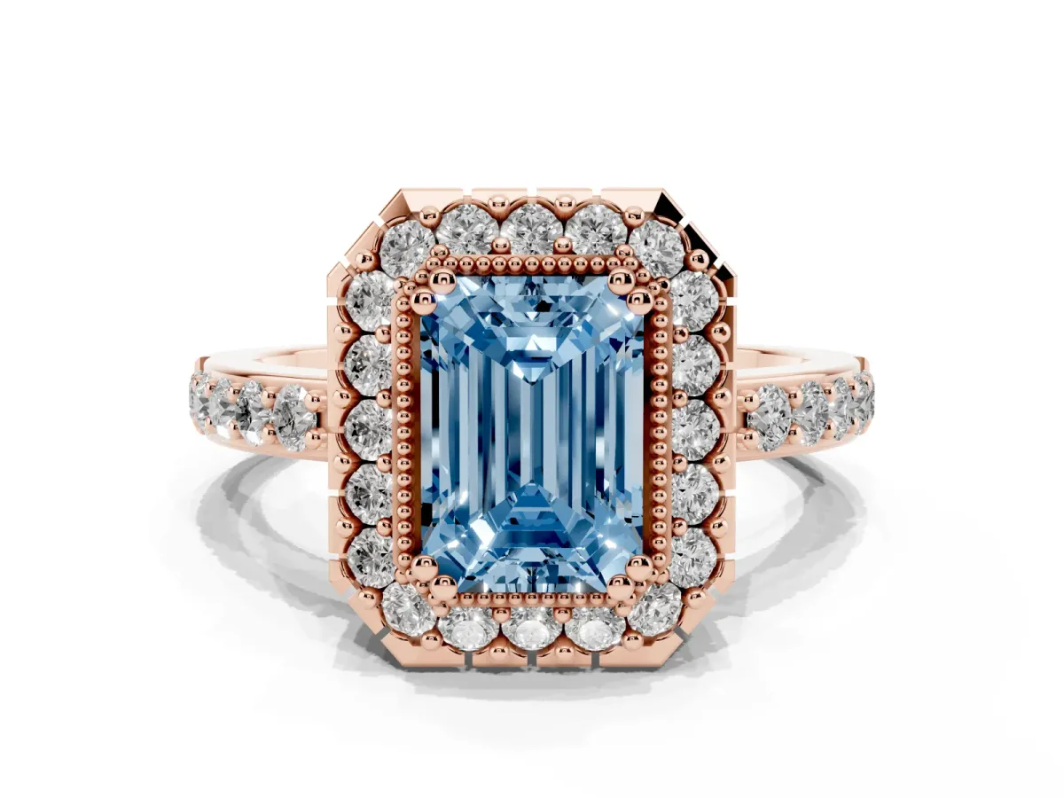 Fancy Blue Emerald Cut Diamond Halo Ring with Pavé Band and Prong Setting Rose gold