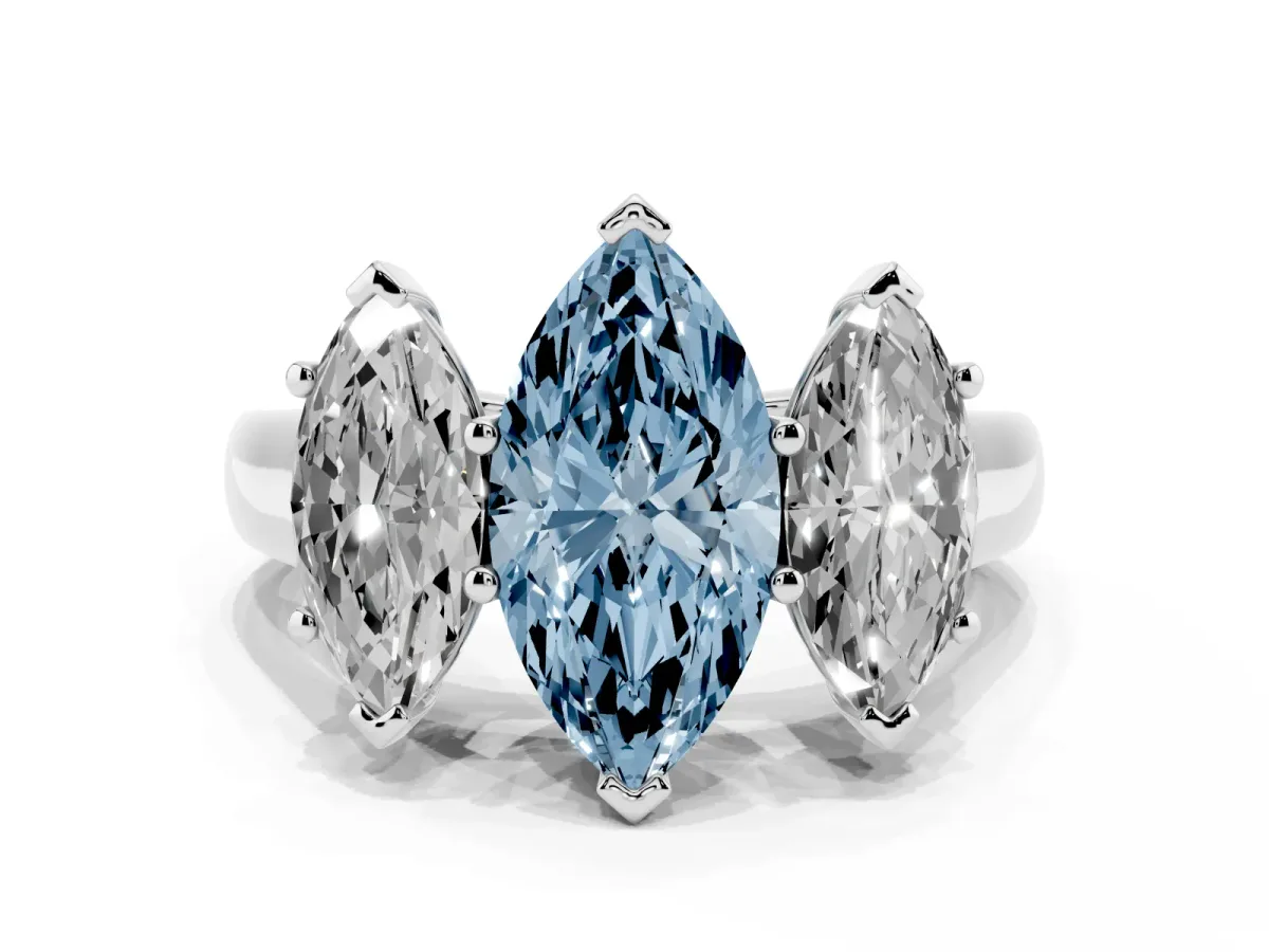 Fancy Blue Marquise Cut Three-Stone Diamond Ring with Prong Setting on a Classic Band Silver