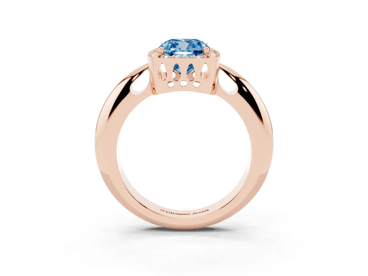 Fancy Blue Cushion Cut Cut Diamond Halo Engagement Ring with Split Shank and Four-Prong Setting Rose gold