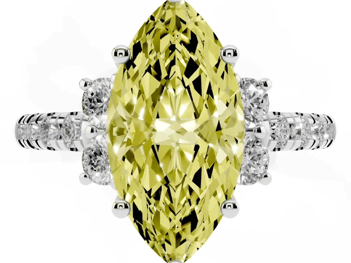 Fancy Yellow Marquise Cut Diamond Three-Stone Pave Band with Four-Prong Setting Silver