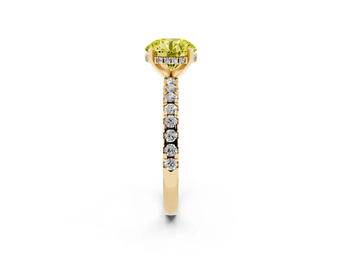 Fancy Yellow Round Cut Diamond Solitaire Ring with Round Pavé Band and Four-Prong Setting Yellow gold