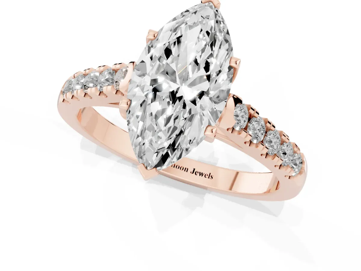 Marquise Cut Diamond Pavé Band Solitaire Ring with Prong Setting Rose gold