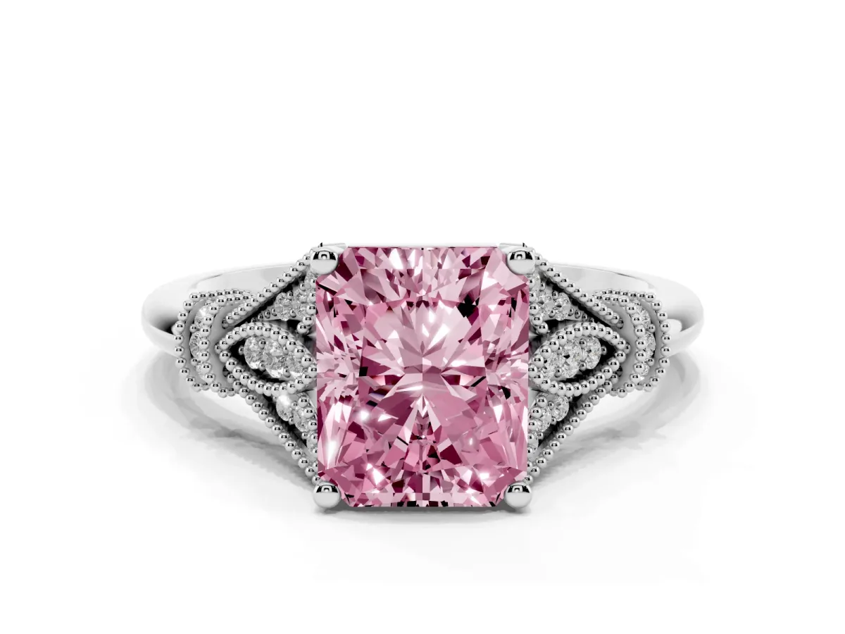 Fancy Pink Radiant Cut Diamond Solitaire Ring with Floral Filigree and Pave Accents White gold
