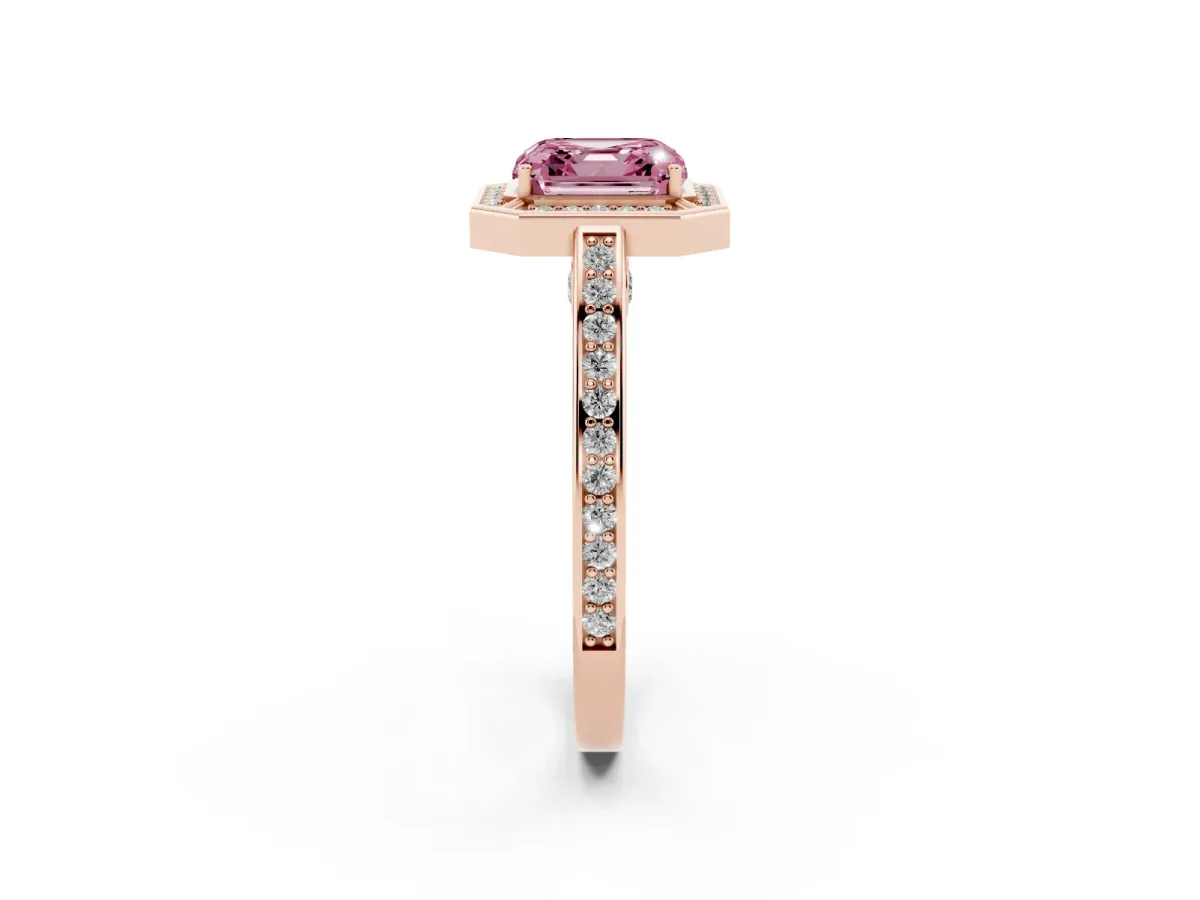 Fancy Pink Asscher Cut Cut Halo Pave Split Shank Prong Setting Ring Rose gold