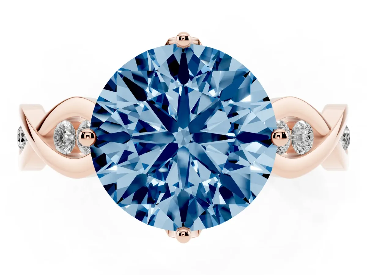 Fancy Blue Round Cut Solitaire Twist Band with Leaf Prong Setting Rose gold