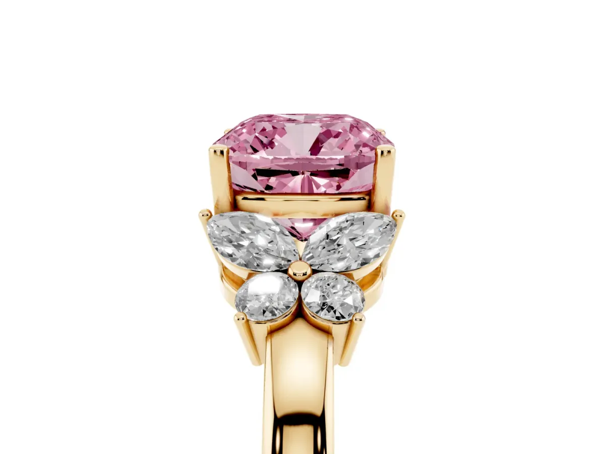 Fancy Pink Cushion Cut Cut Solitaire Floral Diamond Ring with Four-Prong Setting Yellow gold