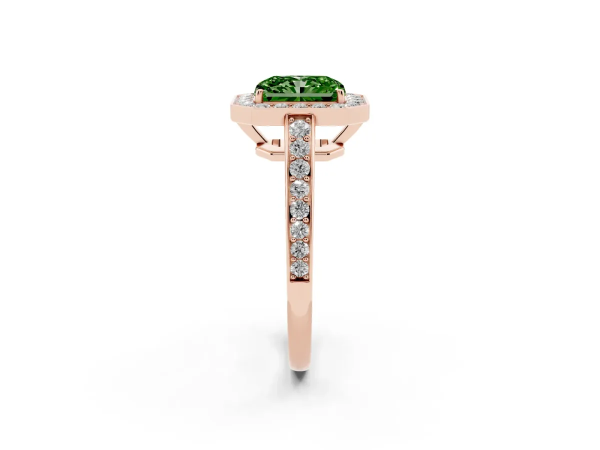 Fancy Green Radiant Cut Halo Pavé Diamond Engagement Ring with Bezel Setting Rose gold