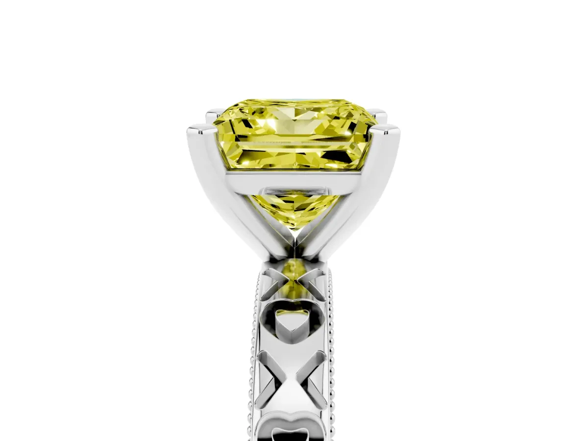 Fancy Yellow Princess Cut Solitaire Diamond Engagement Ring with XO Engraved Band and Four-Prong Setting Silver
