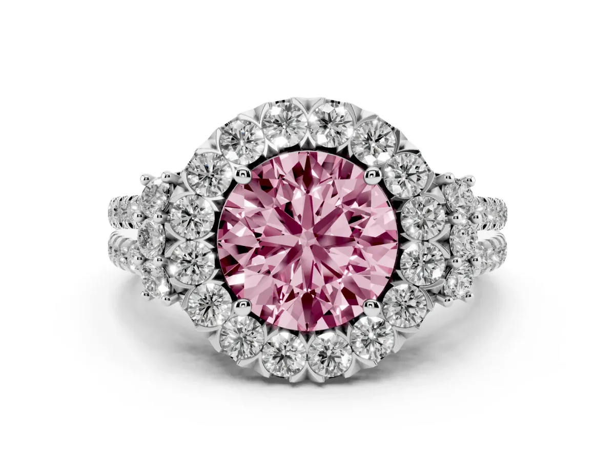 Fancy Pink Round Cut Cut Double Halo Diamond Engagement Ring with Pave Band and Four-Prong Setting Platinum