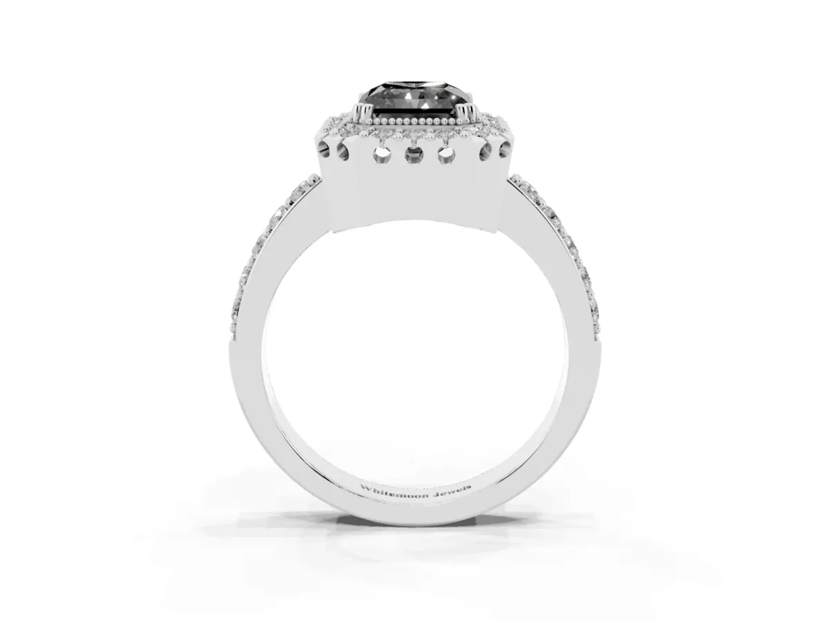 Fancy Black Radiant Cut Diamond Halo Ring with Pavé Band and Prong Setting Platinum