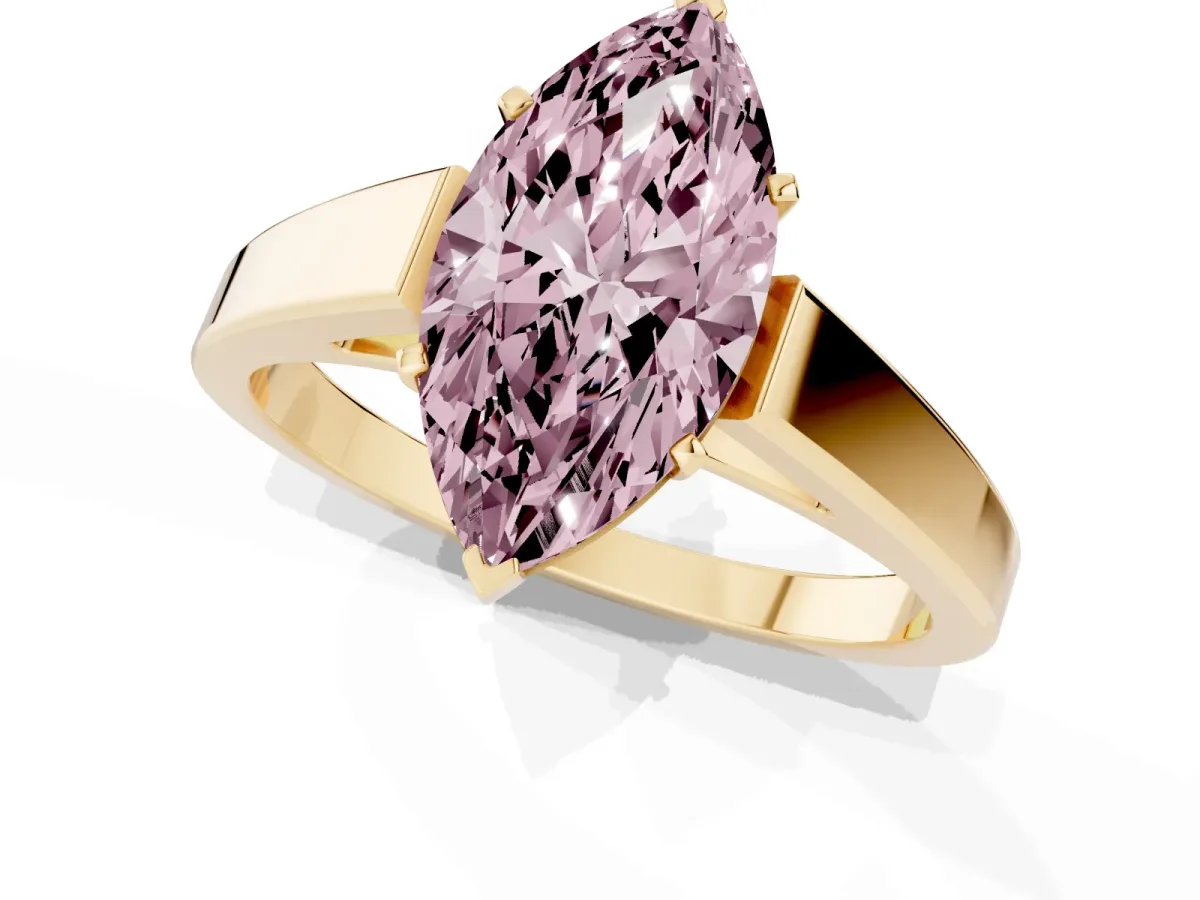 Fancy Pink Marquise Cut Solitaire Engagement Ring with Four-Prong Setting and Tapered Band Yellow gold