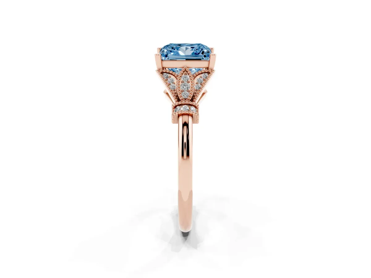 Fancy Blue Princess Cut Diamond Solitaire Ring with Floral Filigree and Pave Accents Rose gold