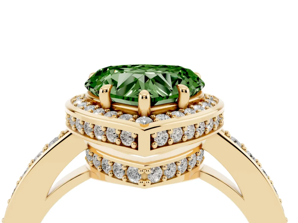 Fancy Green Heart Cut Halo Pave Band Solitaire Ring with Prong Setting Yellow gold