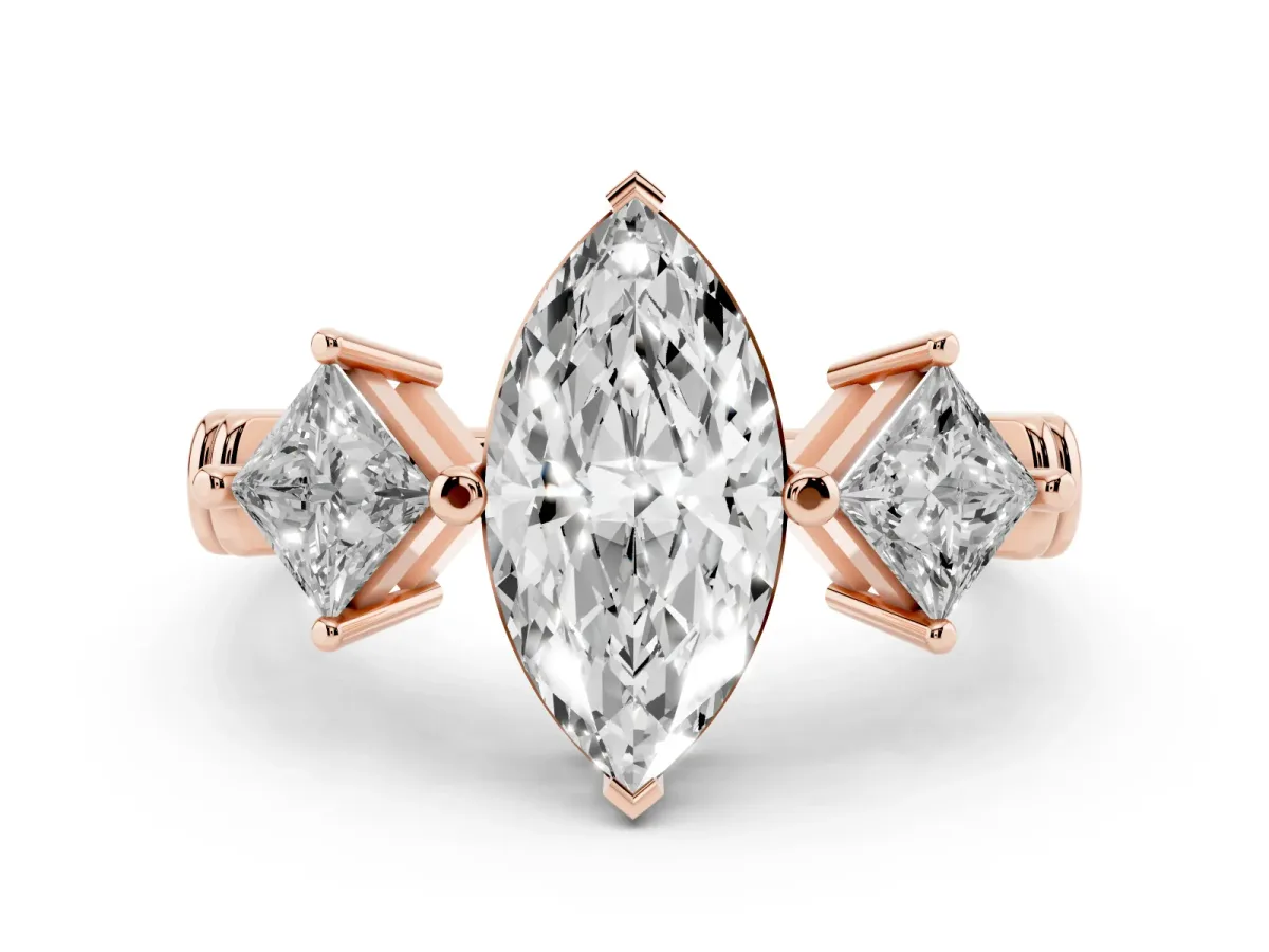 Three-Stone Marquise Cut and Princess Cut Diamond Ring with Channel Band and Four-Prong Setting Rose gold