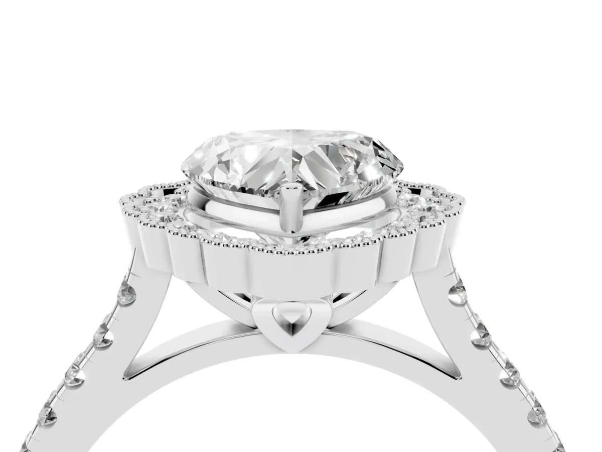 Heart Cut Cut Diamond Milgrain Floral Halo Engagement Ring with Pavé Band Silver