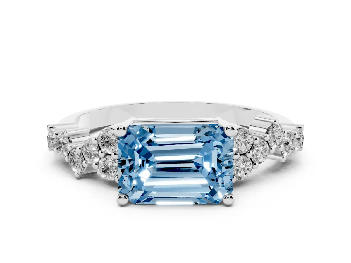 Fancy Blue Emerald Cut Diamond Scattered Round Accent Ring with Prong Setting Silver