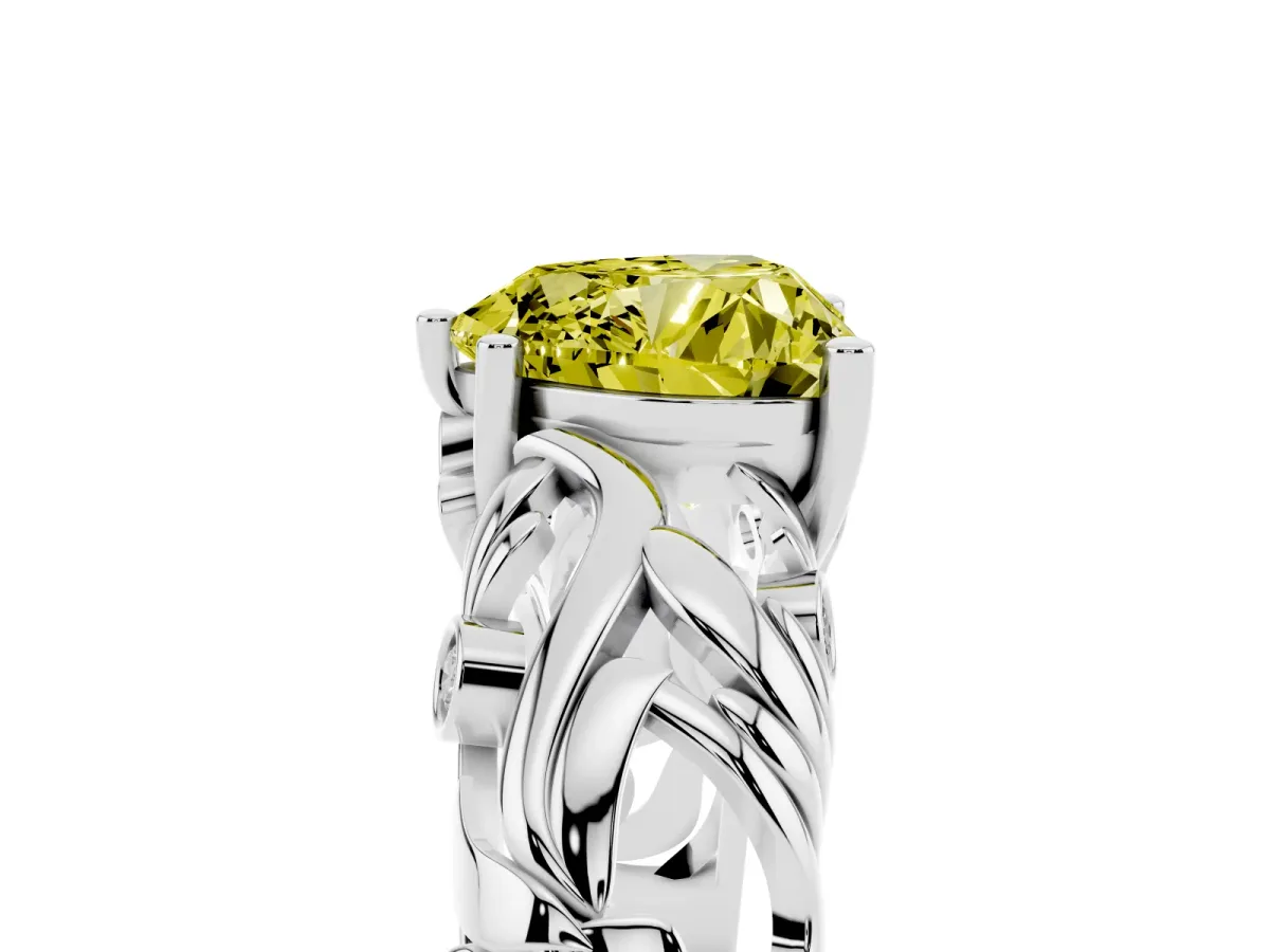 Fancy Yellow Heart Cut Solitaire Diamond Leaf-Inspired Vine Band Ring with Prong Setting Silver