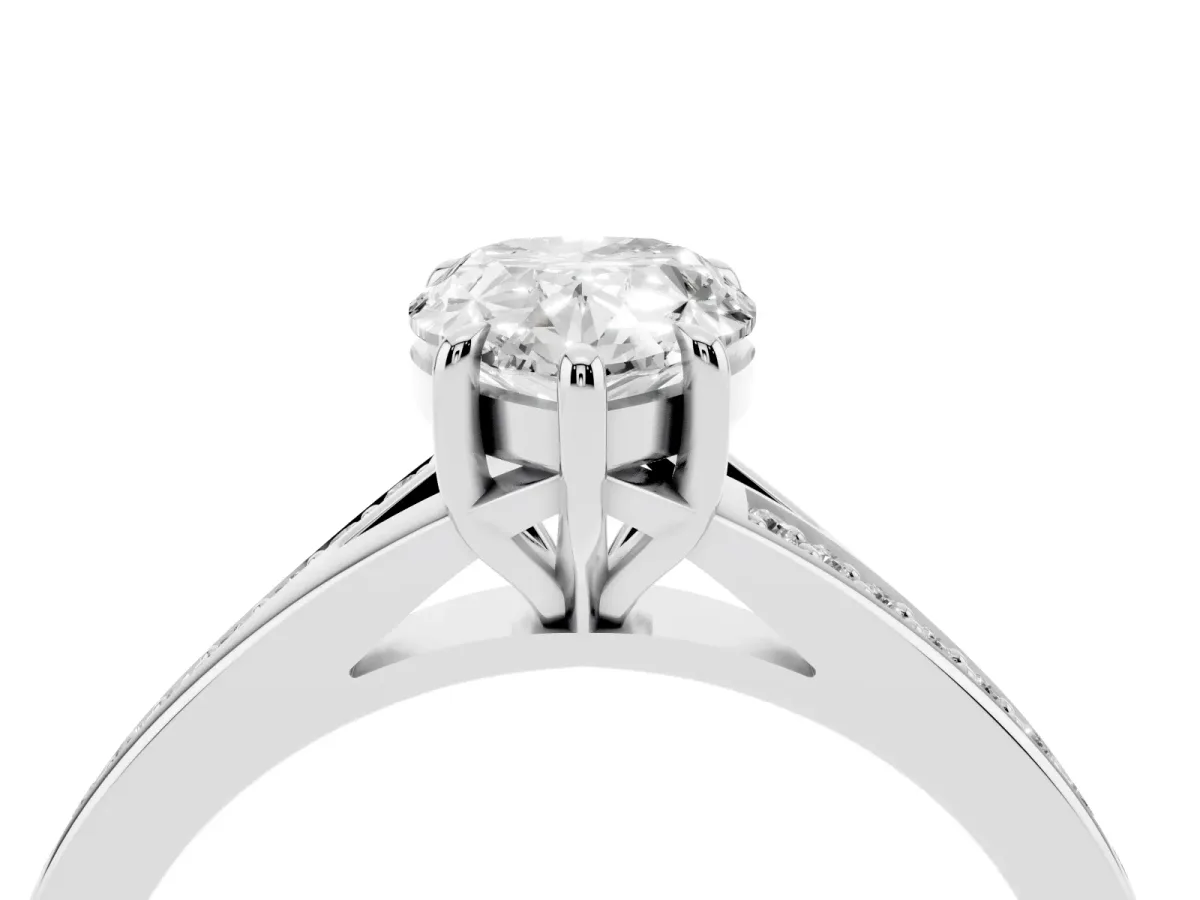 Pear Cut Diamond Solitaire Ring with Pavé Band and Prong Setting Silver