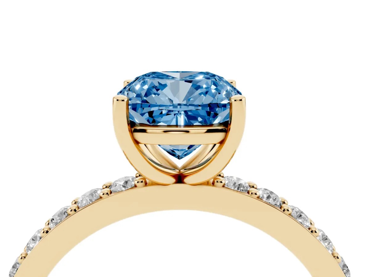 Fancy Blue Cushion Cut Cut Diamond Solitaire with Pave Band and Four-Prong Setting Yellow gold