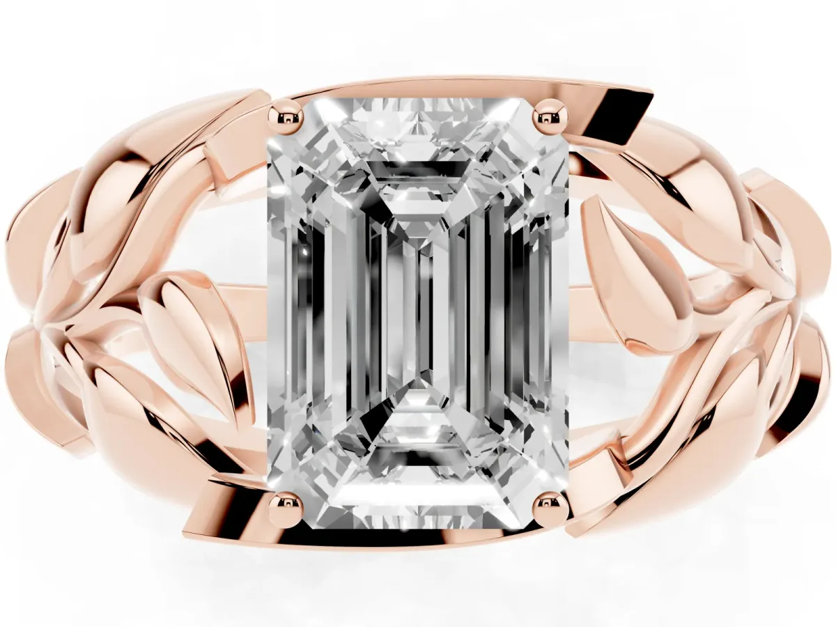 Emerald Cut Diamond Leaf-Inspired Engagement Ring with Round Accents and Prong Setting Rose gold