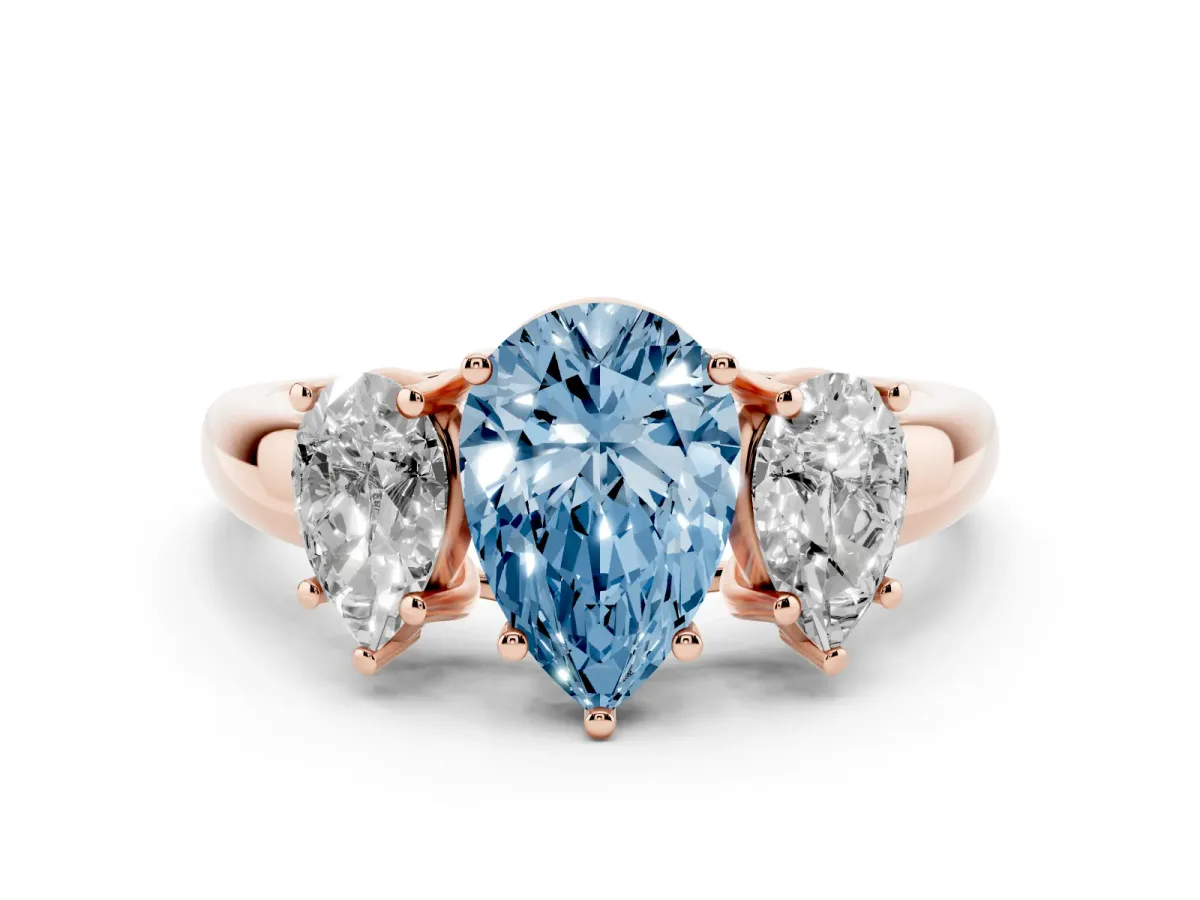 Fancy Blue Three-Stone Pear Cut Diamond Engagement Ring with Prong Setting Rose gold