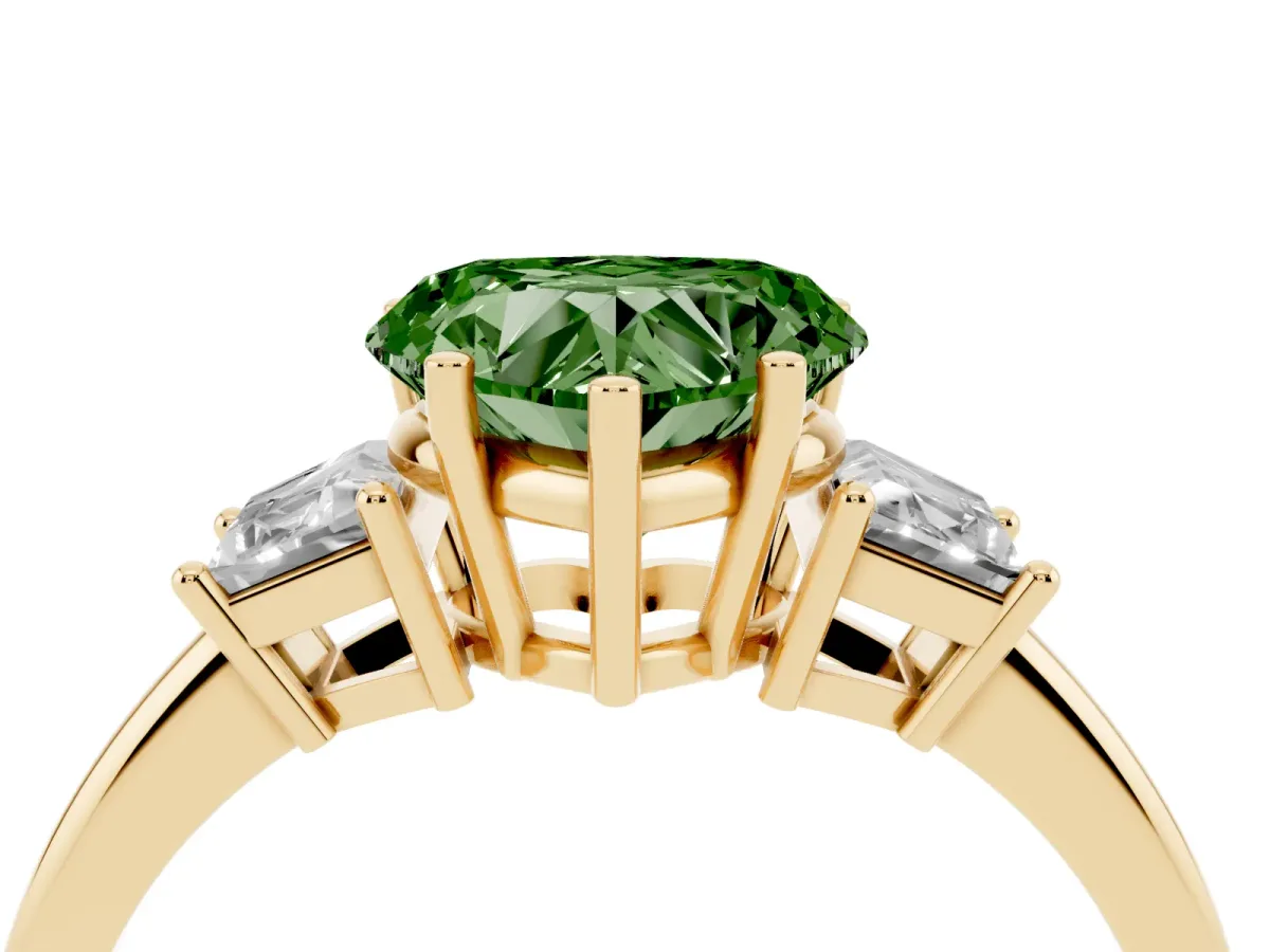Fancy Green Heart Cut Diamond Three-Stone Ring with Trapezoid Side Stones and Prong Setting Yellow gold