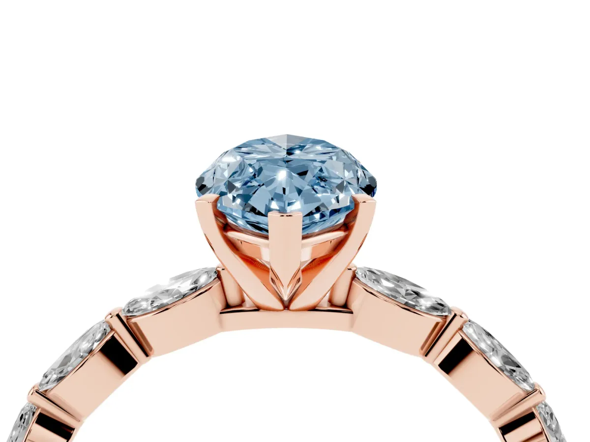 Fancy Blue Marquise Cut Diamond Ring with Marquise Side Stones and Prong Setting Rose gold
