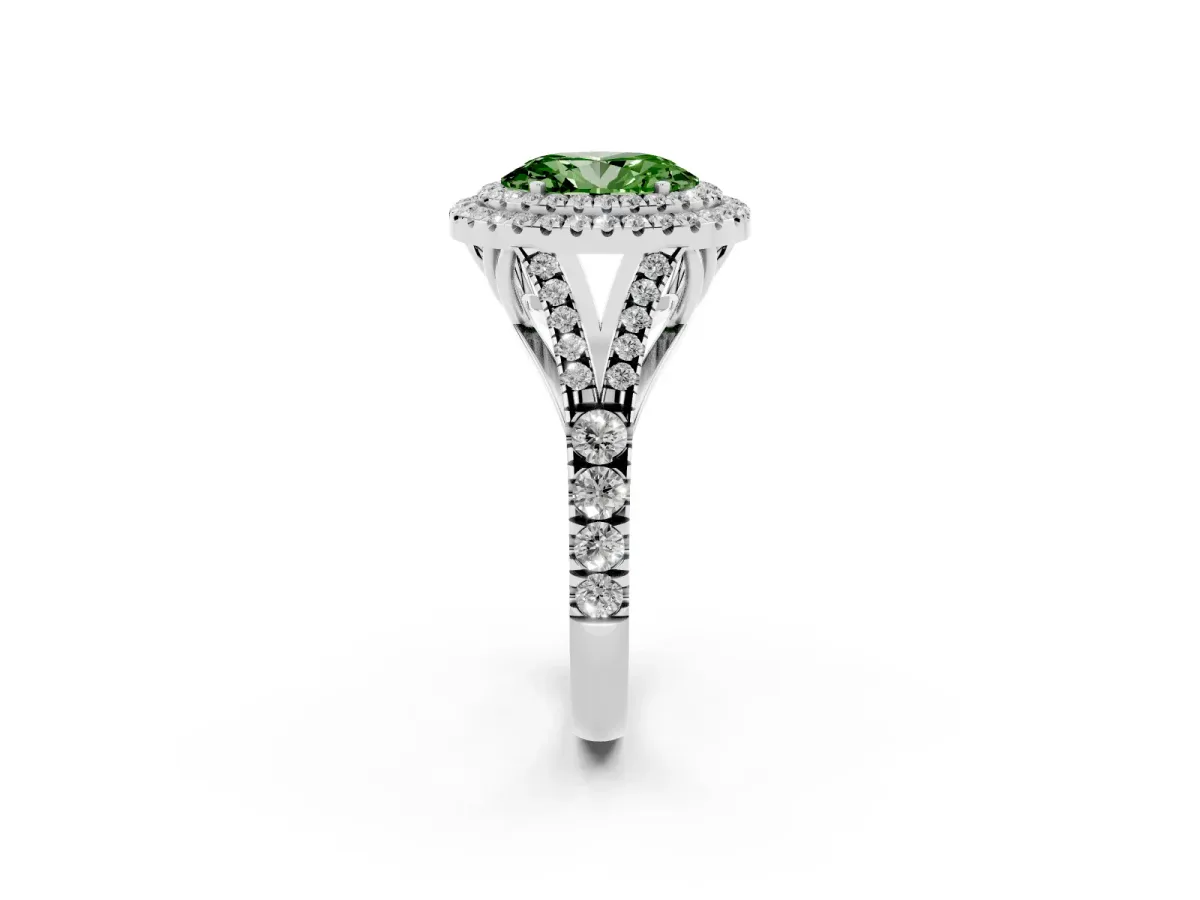 Fancy Green Oval Cut Diamond Pavé Split Shank Double Halo Engagement Ring Silver