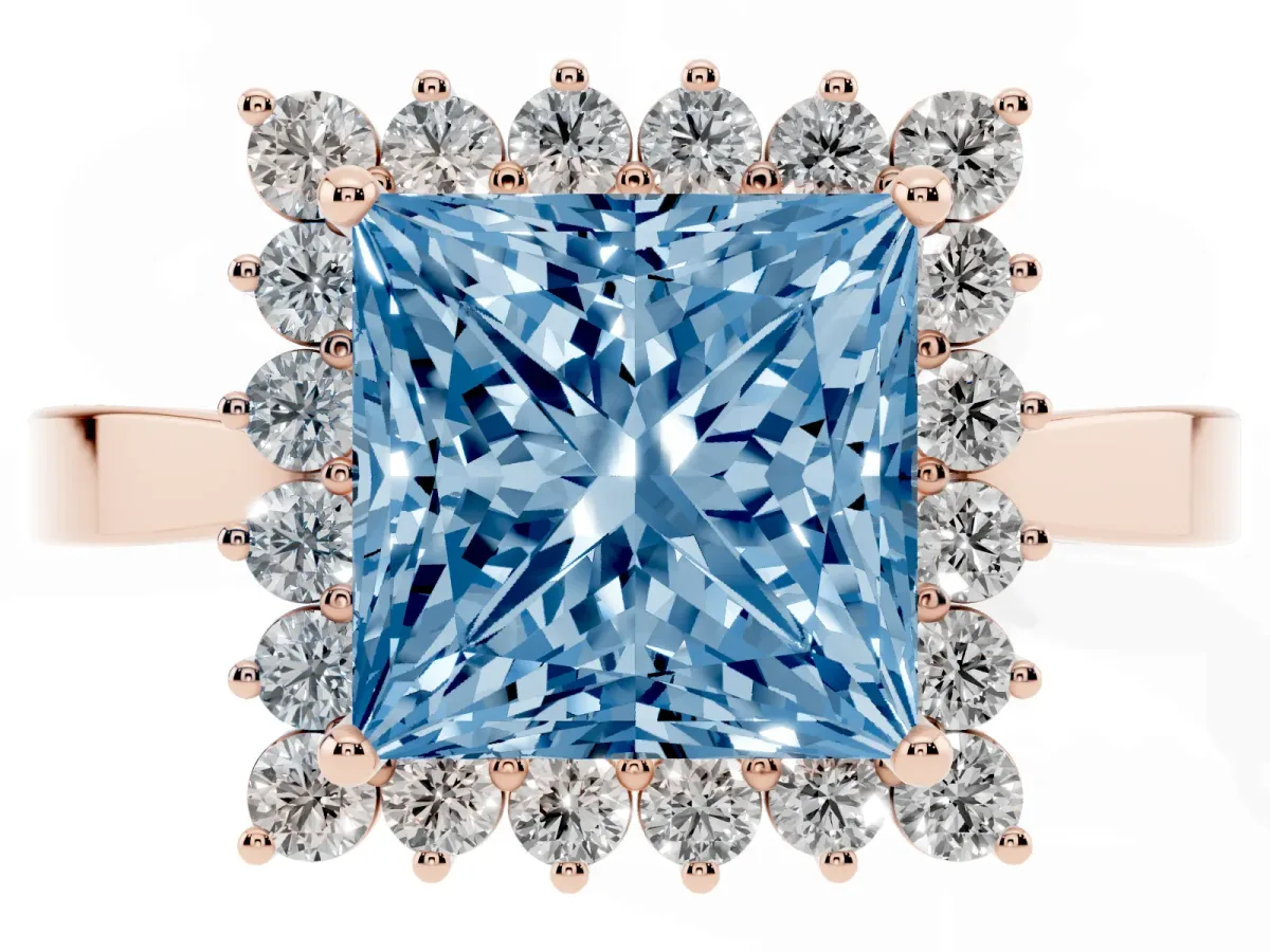 Fancy Blue Princess Cut Cut Diamond Halo Ring with Round Brilliant Halo and Solitaire Band Rose gold