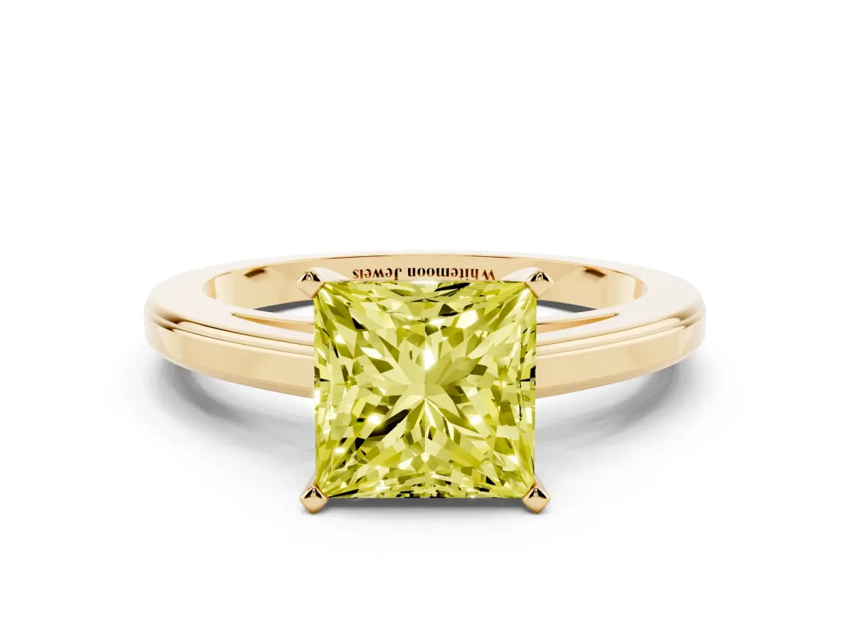 Fancy Yellow Princess Cut Solitaire Diamond Ring with Four-Prong Setting and Classic Band Yellow gold