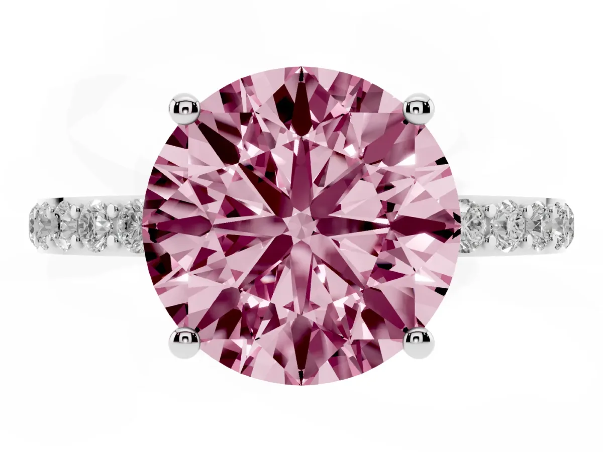 Fancy Pink Round Cut Diamond Solitaire Ring with Round Pavé Shoulders and Prong Setting Silver