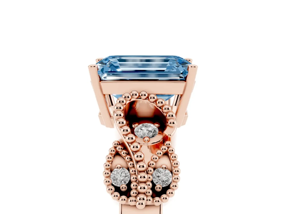 Fancy Blue Emerald Cut Solitaire Milgrain Leaf Band with Prong Setting Rose gold