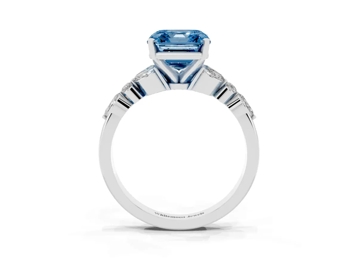 Fancy Blue Asscher Cut Diamond Solitaire Ring with Side Stones and Four-Prong Setting Silver