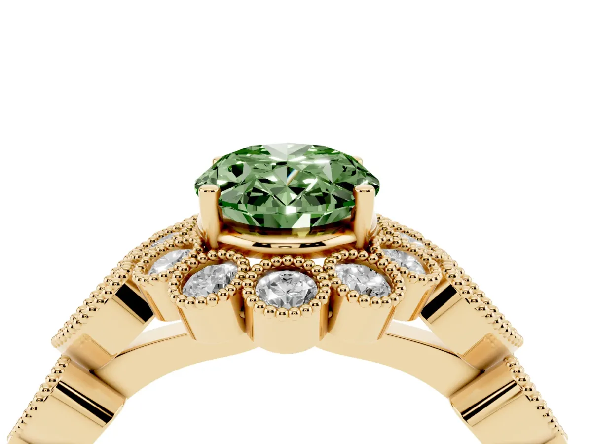 Fancy Green Oval Cut Brilliant Milgrain Pave Heart Band Solitaire Ring Yellow gold